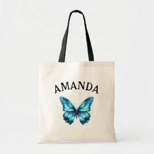 Bolsa Tote Borboleta Teal Elegante Nome Curvo Girly