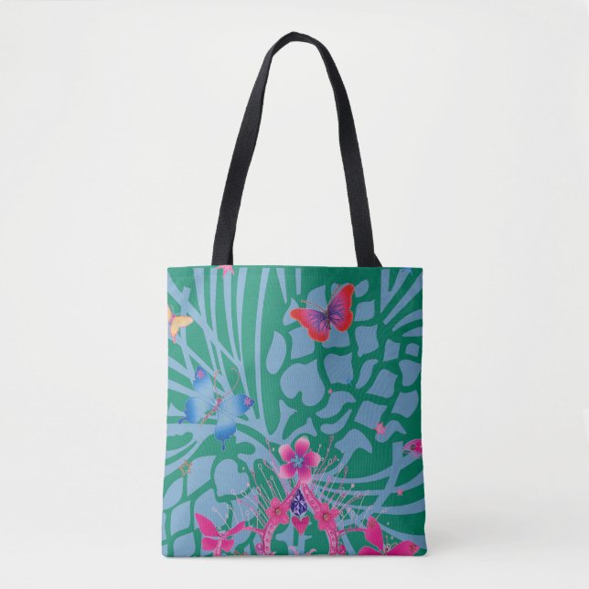 Bolsa Tote Borboleta Verde Esmeralda Caleidoscópio Impressão  (Frente)