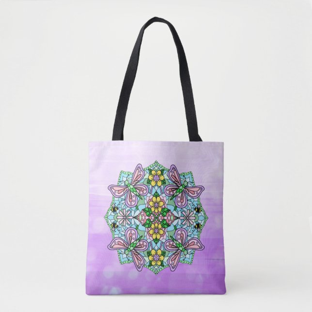 Bolsa Tote Borboleta Whimsical Mandala Desenhada À Mão (Frente)