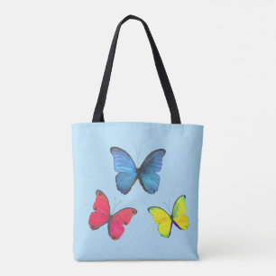 Bolsa Tote Borboletas Azuis Vermelhas e Amarelas em Azul Clar