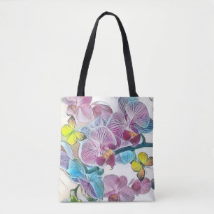 Bolsa Tote Borboletas de flores de orquídeas coloridas cor-de