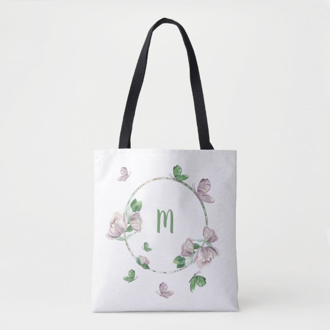 Bolsa Tote borboletas de flores roxas (Frente)