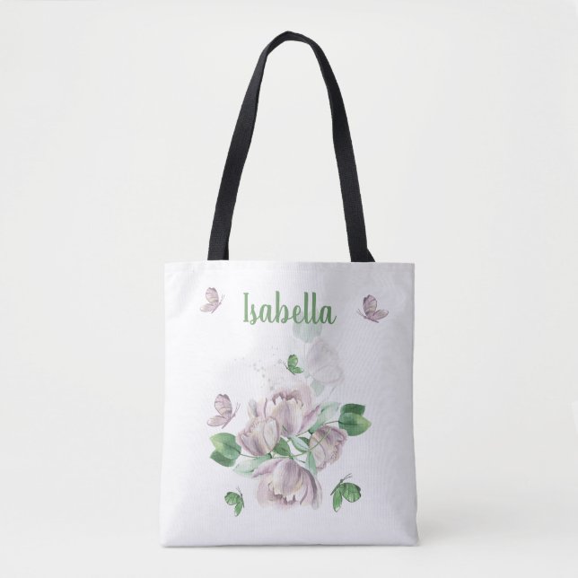 Bolsa Tote borboletas de flores roxas (Frente)
