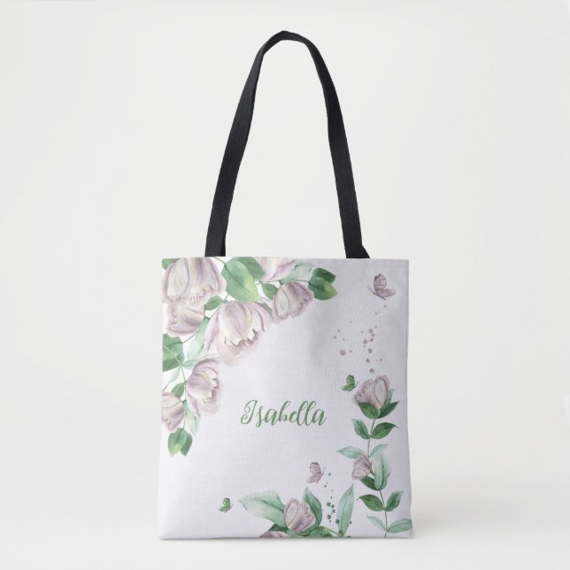 Bolsa Tote borboletas de flores roxas (Frente)