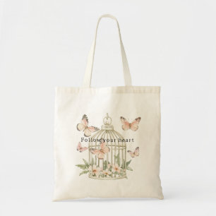 Bolsa Tote Borboletas de Pêssego Gaiola Floral