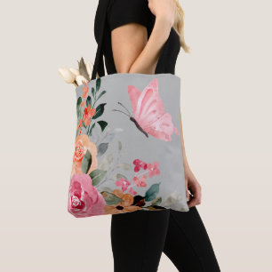 Bolsa Tote Borboletas e flores de aquarelas