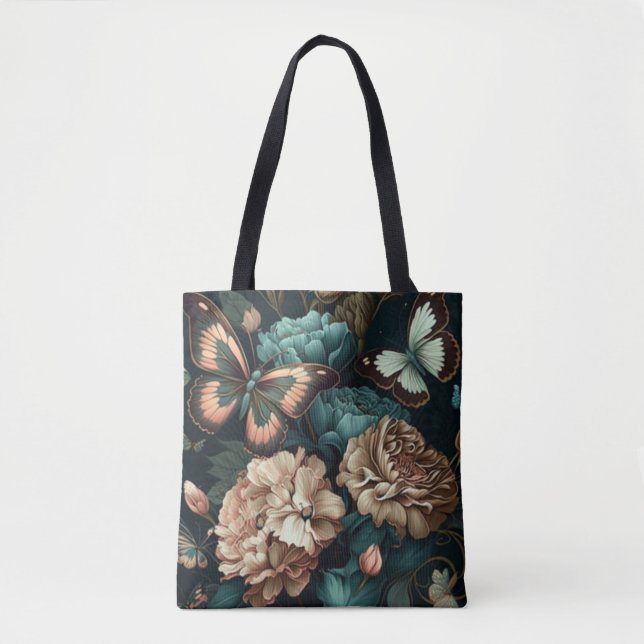 Bolsa Tote Borboletas e flores design clássicas escuras (Frente)