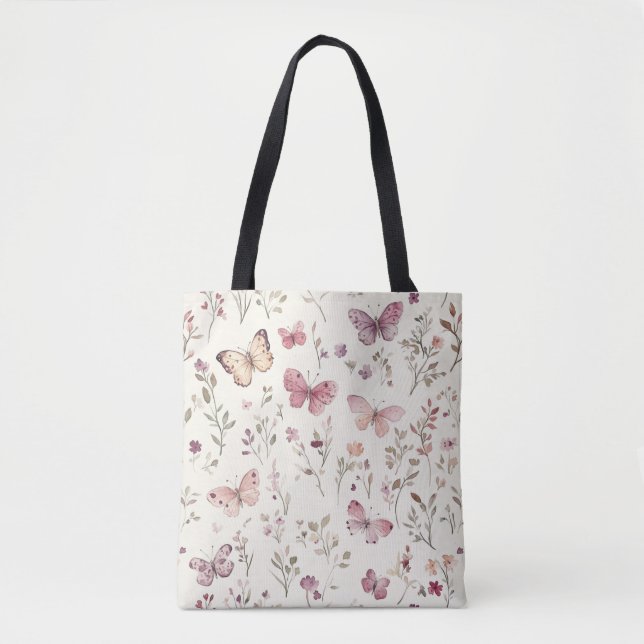 Bolsa Tote Borboletas Florais Creme Roxo (Frente)