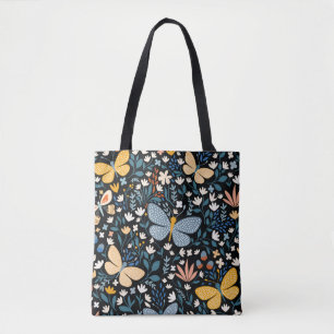 Bolsa Tote Borboletas Florais: Desenho Contínuo Feito à Mão.