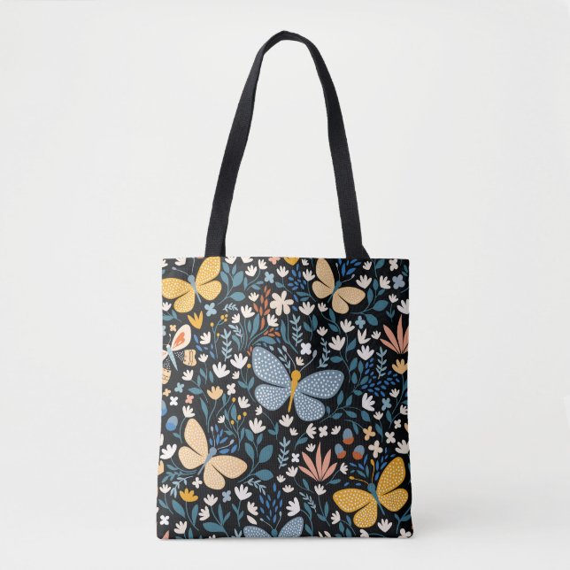 Bolsa Tote Borboletas Florais: Mão Desenhada Sem Costura. (Frente)