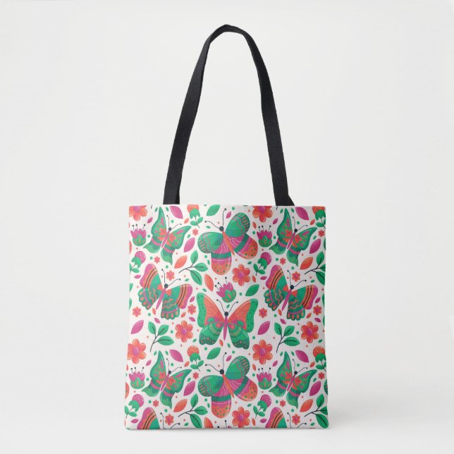 Bolsa Tote Borboletas, Flores e Folhas (Frente)