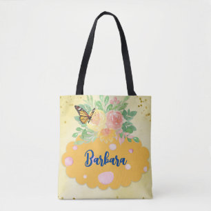 Bolsa Tote "Borboletas, flores e pontos"