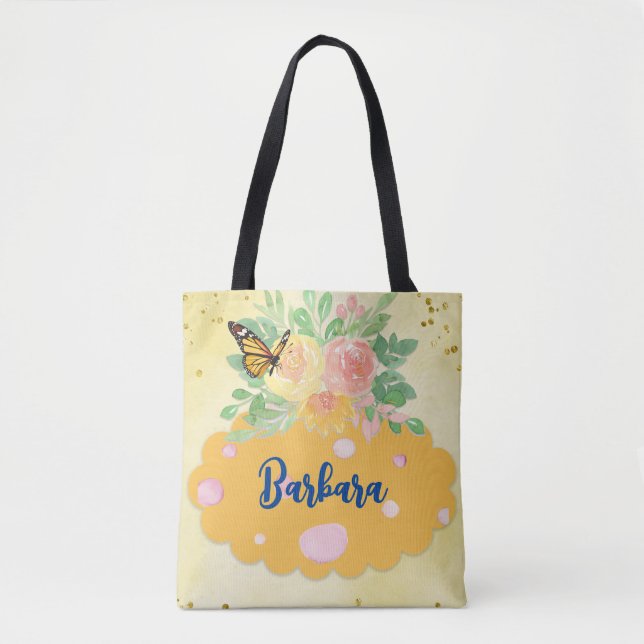 Bolsa Tote "Borboletas, flores e pontos" (Frente)