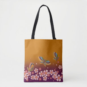 Bolsa Tote Borboletas japonesas no meio de Sakura Flores Dour