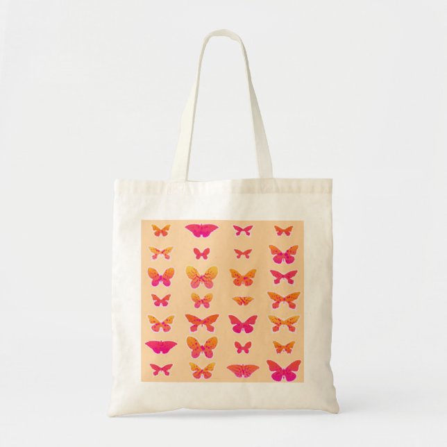 Bolsa Tote Borboletas, laranja mole, rosa-coral, ouro (Frente)
