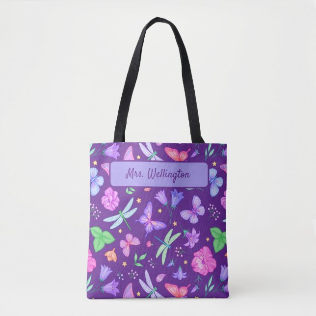 Bolsa Tote Borboletas & Libélulas floral roxo e rosa (Frente)