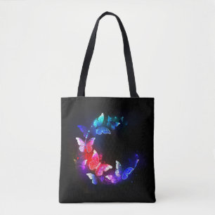 Bolsa Tote Borboletas Neon Night brilhantes sobre fundo preto