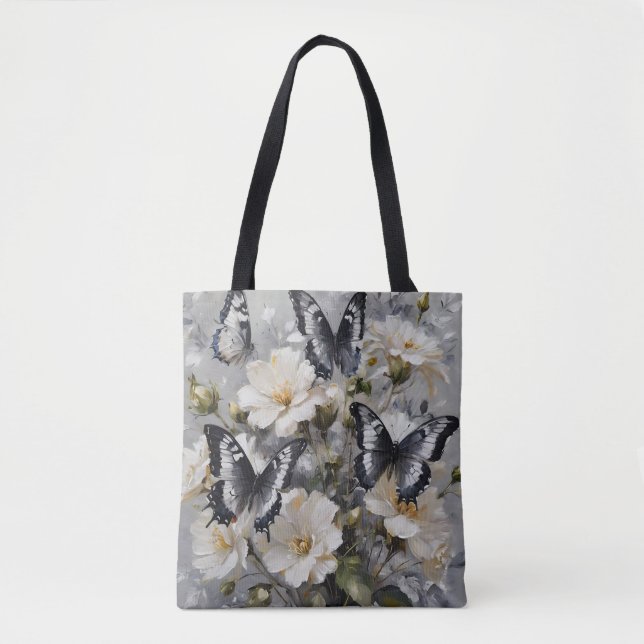 Bolsa Tote Borboletas Pretas E Brancas Em Flores Brancas, (Frente)