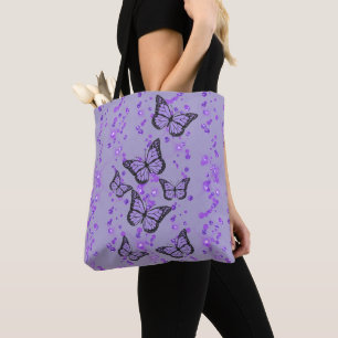 Bolsa Tote Borboletas roxas de lavanda sobre brilho simulado