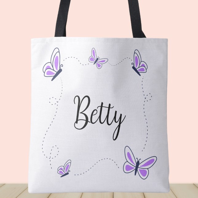Bolsa Tote Borboletas roxas e brancas caprichosas (Purple butterflies custom name tote bag.)