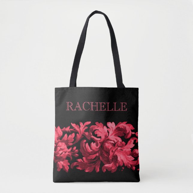 Bolsa Tote Borda Barroca Pintada Rosa e Negra com Nome (Frente)