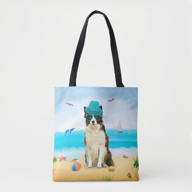 Bolsa Tote Borda Collie Dog na praia (Frente)