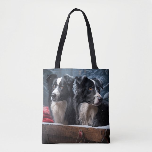 Bolsa Tote Borda Collie Snowy Sleigh Decência de Natal (Frente)