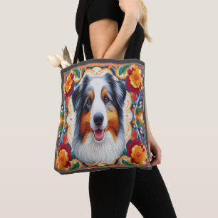 Bolsa Tote Borda corajosa floral do cão pastor australiano