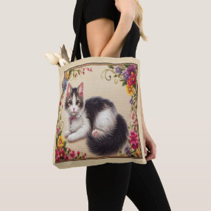 Bolsa Tote Borda das Flores Coloridas de Gato com Bobtail Jap