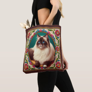 Bolsa Tote Borda das Flores Coloridas de Gato de Birmanês Dec