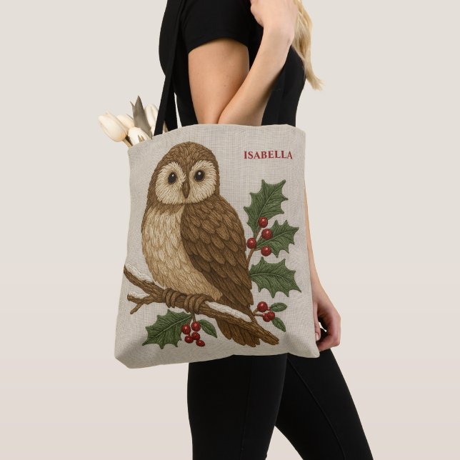 Bolsa Tote Bordado russo Coruja de Natal com Holly (Close Up)