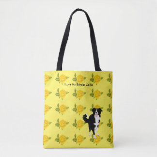 Bolsa Tote Border collie e rosas amarelos