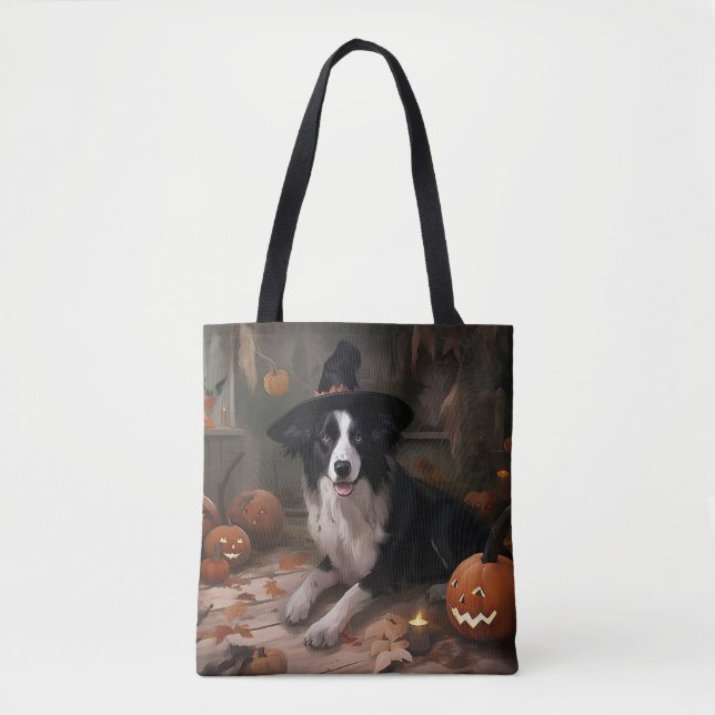 Bolsa Tote Border Collie Pumpkins Halloween Assustado (Frente)