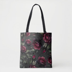 Bolsa Tote Bordô Rosas Vermelhas Sombreado Cinza Floral
