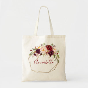 Bolsa Tote Borgonha & Blush Marsala Floral & Nome da Moldura