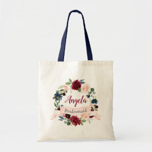 Bolsa Tote Borgonha cora dama de honra floral azul da