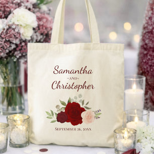Bolsa Tote Borgonha e Bege Rosas Nomes do Casal Casamento