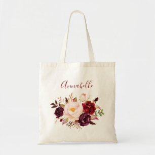 Bolsa Tote Borgonha e Esfregar Marsala Floral & Name ou Monog