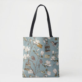 Bolsa Tote Bosque de Magnólia com Corujas em azul ovo de pato