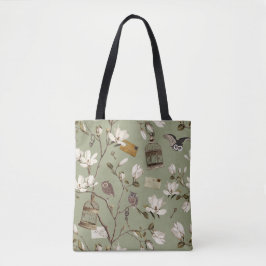 Bolsa Tote Bosque de Magnólia com Corujas em Verde Sálvia