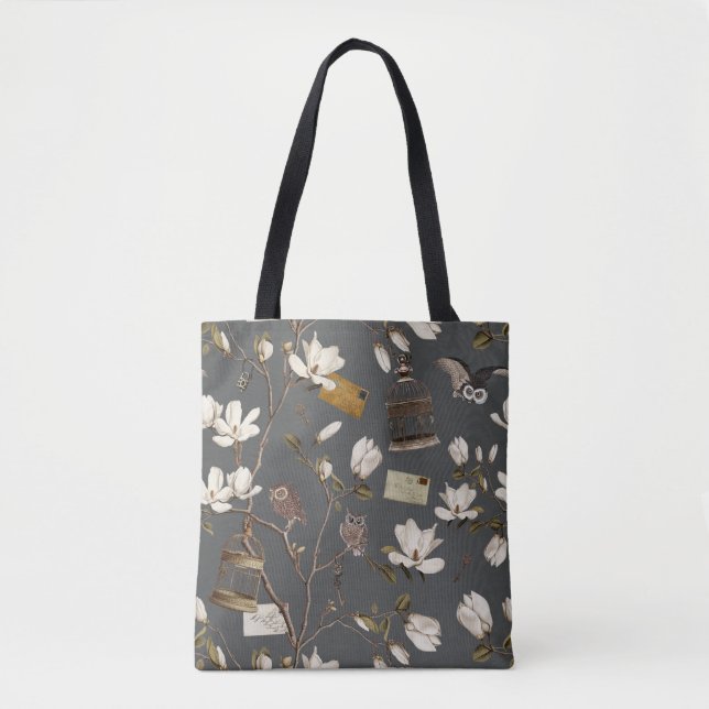 Bolsa Tote Bosque de Magnólias com Corujas em Cinza (Frente)