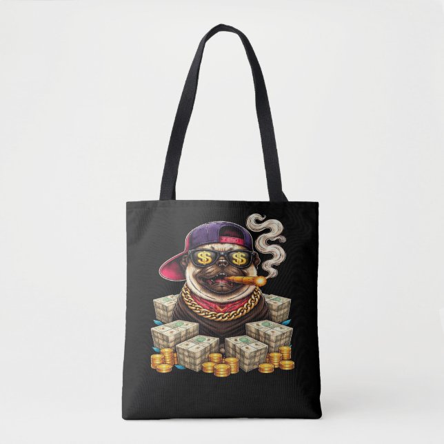 Bolsa Tote Boss Pug — Bling Pug com Dinheiro e Charuto" (Frente)