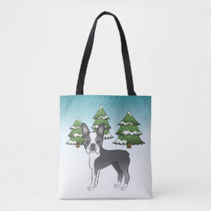 Bolsa Tote Boston Terrier azul e branca numa floresta de inve