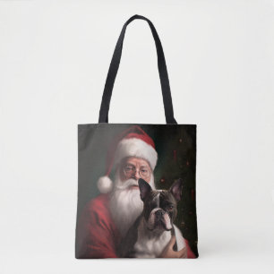 Bolsa Tote Boston Terrier Com Claus de Natal Festivo