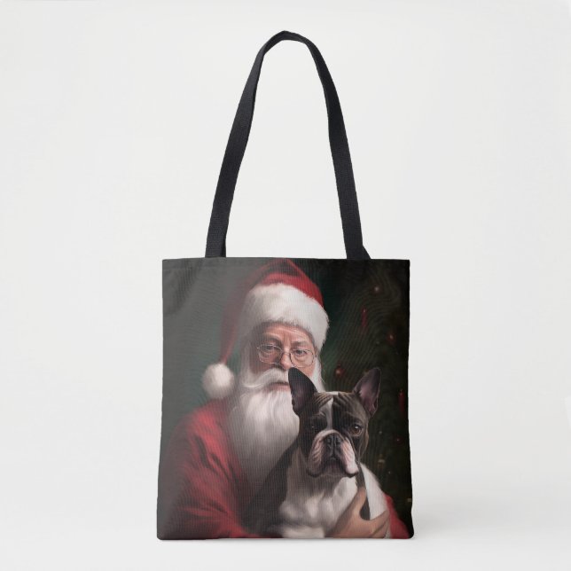 Bolsa Tote Boston Terrier com Papai Noel Natal Festivo (Frente)