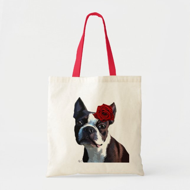Bolsa Tote Boston Terrier com Rosa no cabeçalho 2 (Frente)