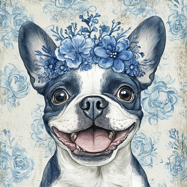 Bolsa Tote Boston Terrier Dog Blue Floral (Criador carregado)