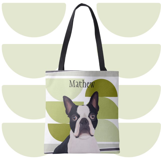 Bolsa Tote Boston Terrier Dog - Geométrico Verde (Criador carregado)