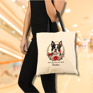 Bolsa Tote Boston Terrier Dog Mãe Floral Wreath