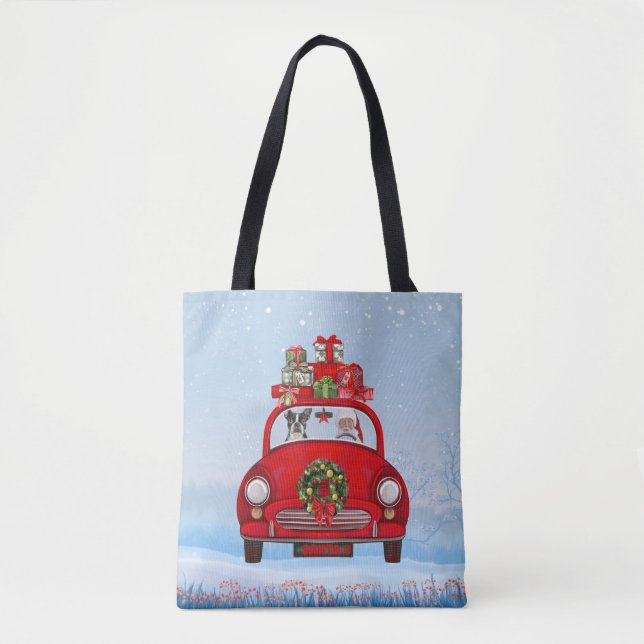 Bolsa Tote Boston Terrier Dog No Carro Com Papai Noel (Frente)